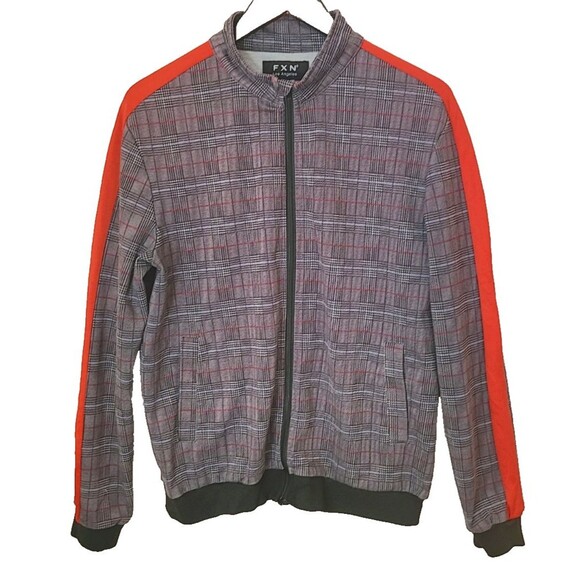 FXN Los Angeles Jacket Mens M Plaid Full Zip Red Stripe Gray Medium Track Casual - Picture 1 of 4